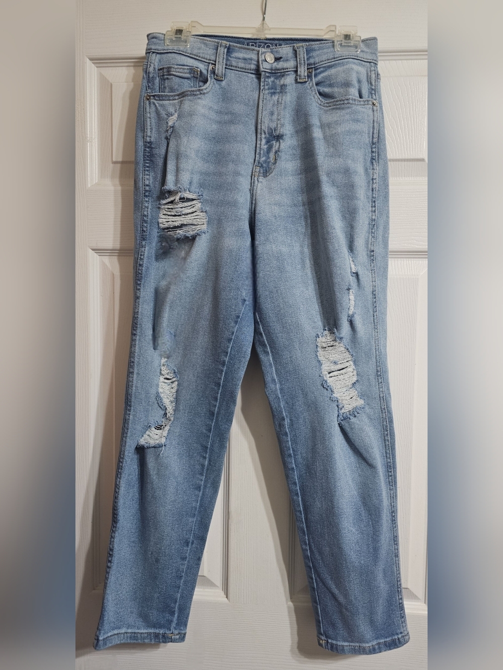Arizona Jean Company Light Wash High Rise Distressed Mom Jeans